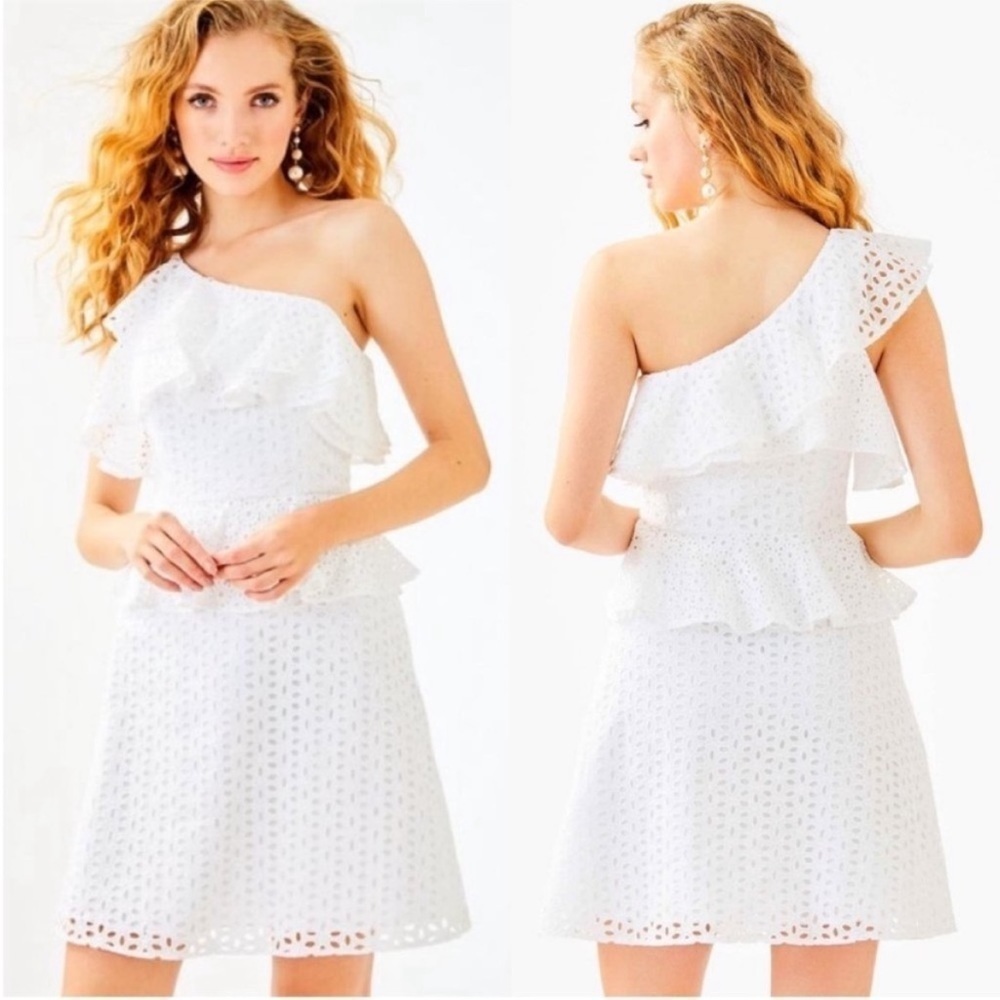 Lilly Pulitzer Josey White Eyelet Lace One
Shoulder Peplum Waist Dress Size 4